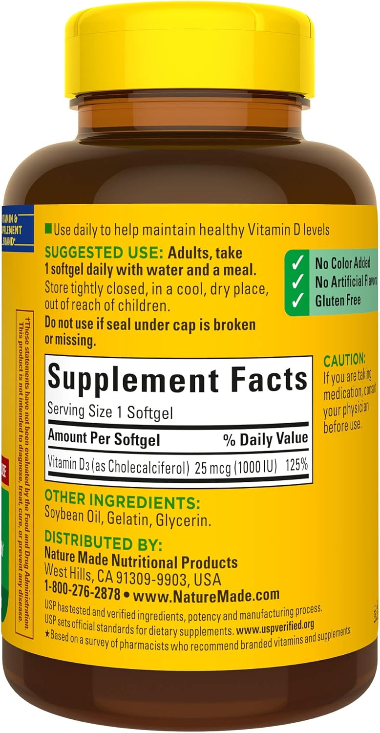 Vitamin D3 1000 IU (25 Mcg), Dietary Supplement for Bone, Teeth, Muscle and Immune Health Support, 300 Softgels, 300 Day Supply