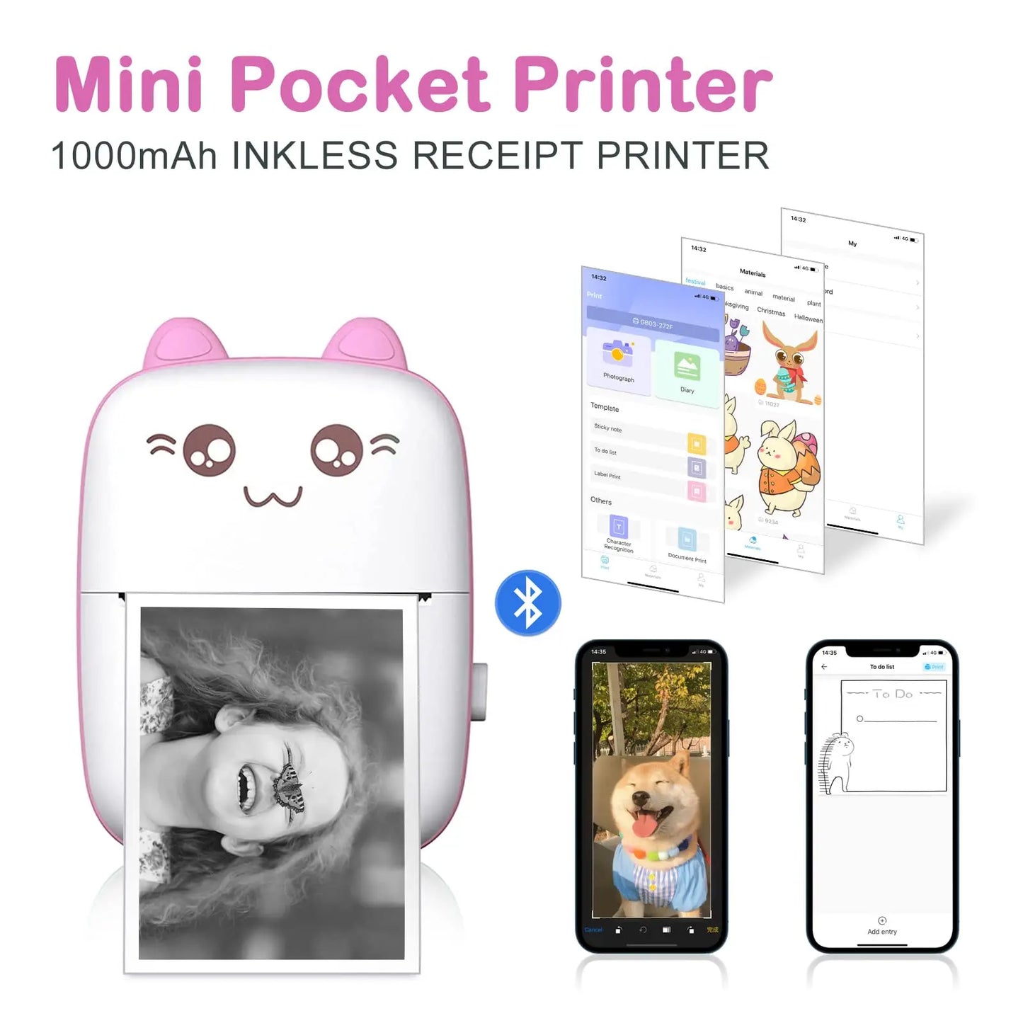 Mini Portable Thermal Printer - Cute Cat Design