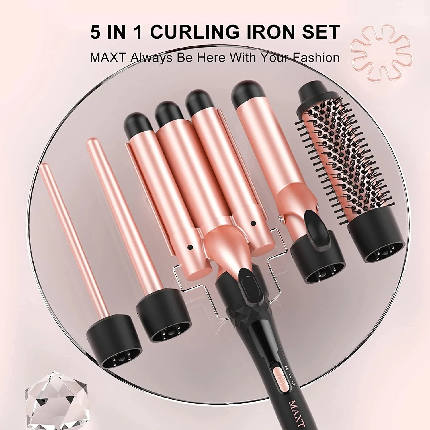 Curling Iron Set,  5 in 1 Curling Wand Set Interchangeable Triple Barrel Curling Iron and Curling Brush Ceramic Barrel Wand Curling Iron(0.35-1.25)