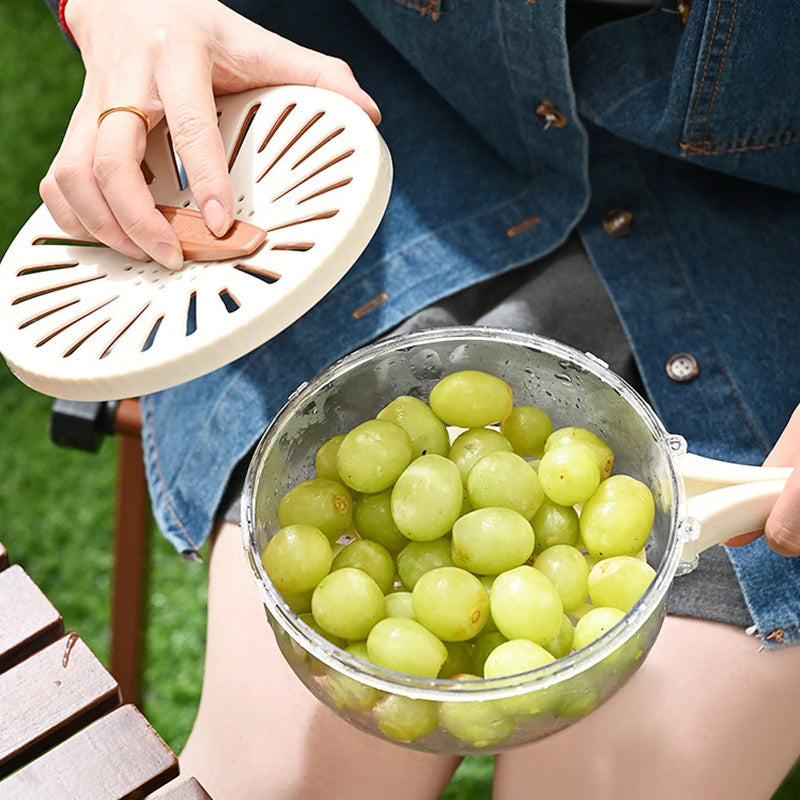 Fruit Drain Basket with Lid - Foldable Handle Vegetable Washing Bowl & Colander