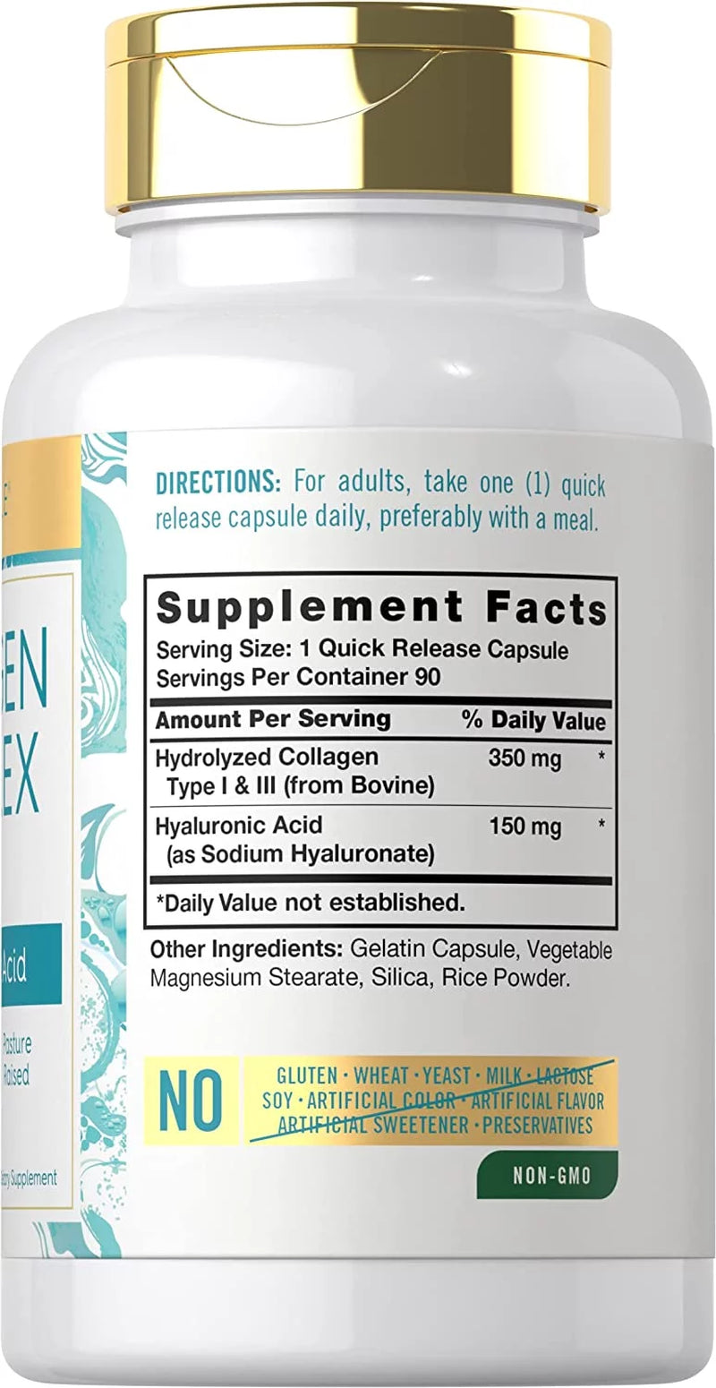 Collagen with Hyaluronic Acid 500Mg | 90 Capsules | Hydrolyzed Collagen Supplement | Non-Gmo, Gluten Free | by