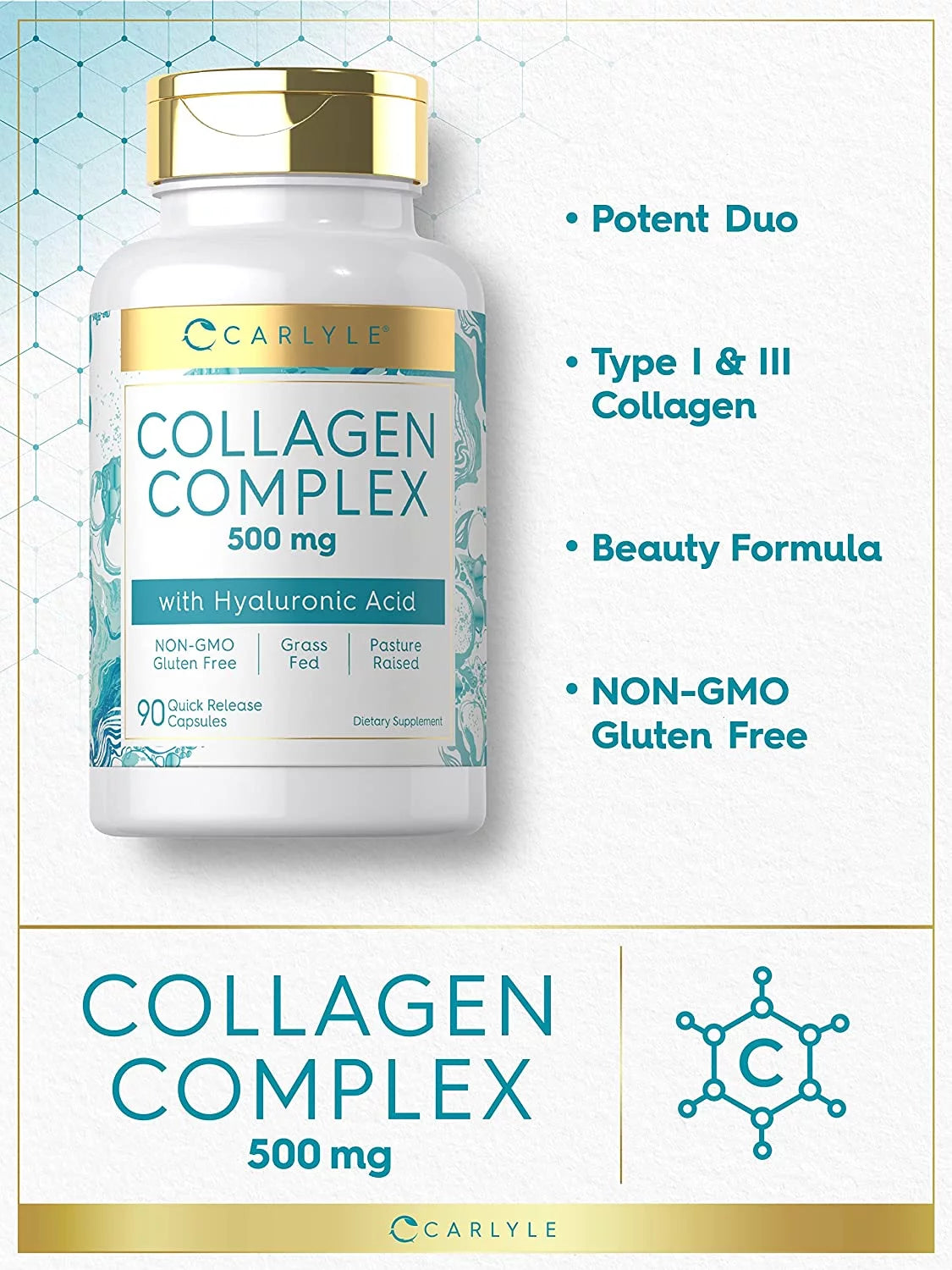 Collagen with Hyaluronic Acid 500Mg | 90 Capsules | Hydrolyzed Collagen Supplement | Non-Gmo, Gluten Free | by