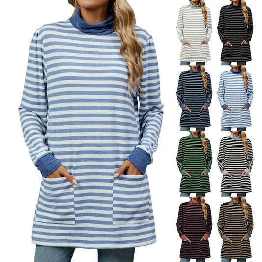 Women's Fashion Striped Long Sleeve Sweatshirt – Loose Pullover with Pocket