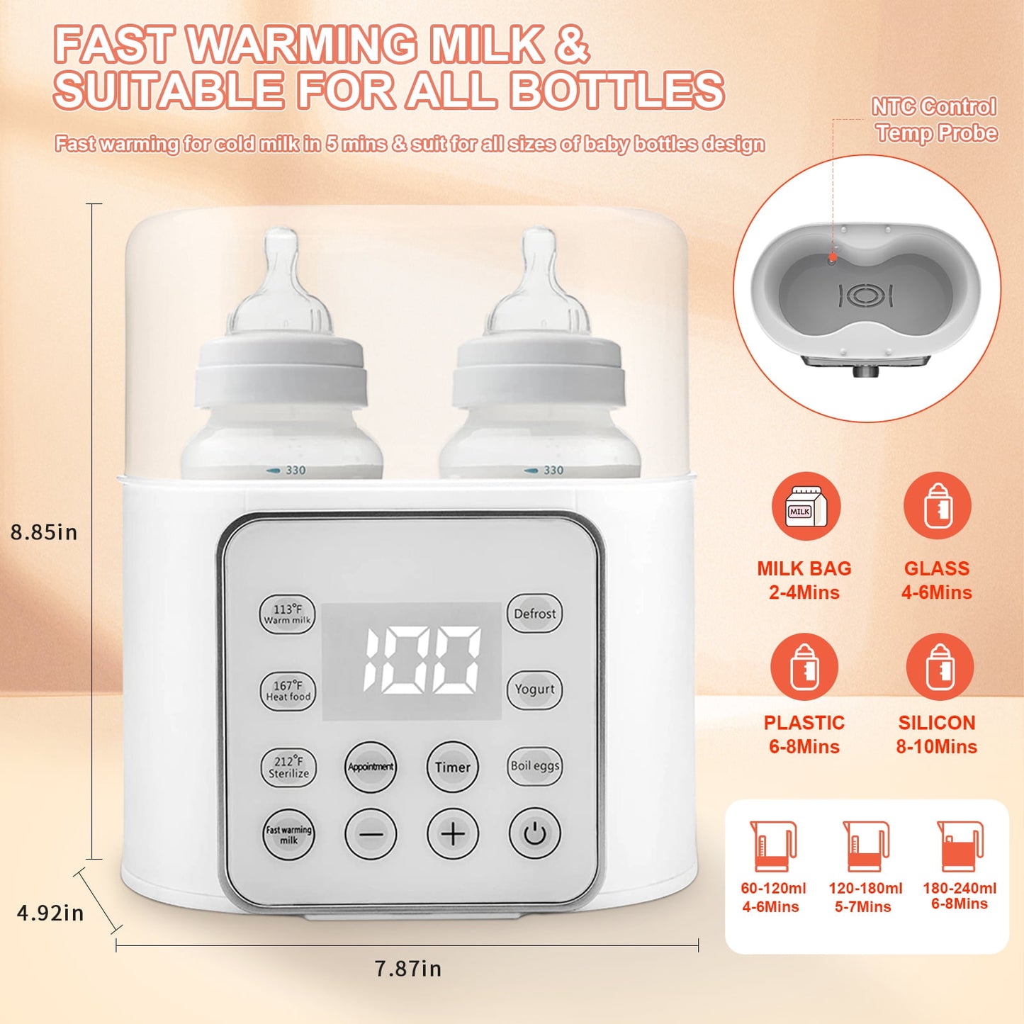 Baby , 9-In-1 Portable  with LCD Display, Double Bottles Fast Milk Warmer, White