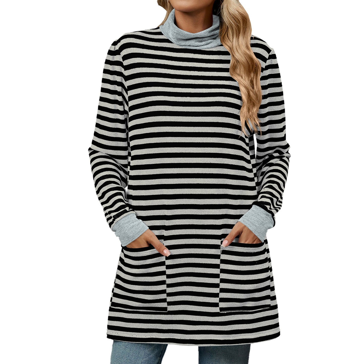 Women's Fashion Striped Long Sleeve Sweatshirt – Loose Pullover with Pocket