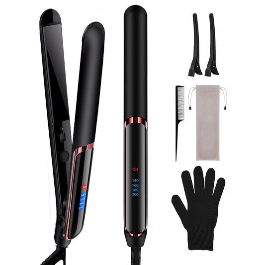 Ionic Flat Iron Hair Straightener Suit 2 in 1 Flat Smooth Curling Iron Titanium Hair Iron Negative Ion Straight Curling Iron