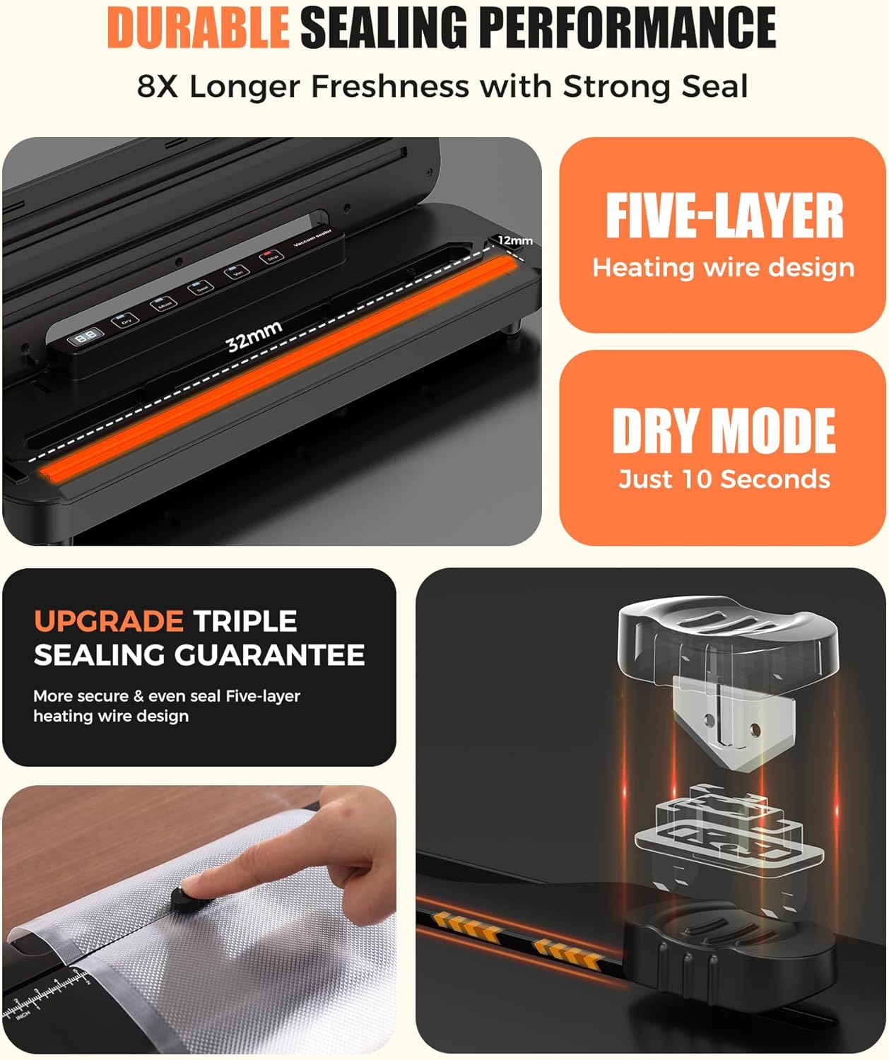 Vacuum Sealer Machine for Food Preservation, 6-In-1 Food Sealer for Freshness Storage, 75Kpa Compact Vacuum Sealing Machine with External Sliding Blade, Digital Countdown Timer Black