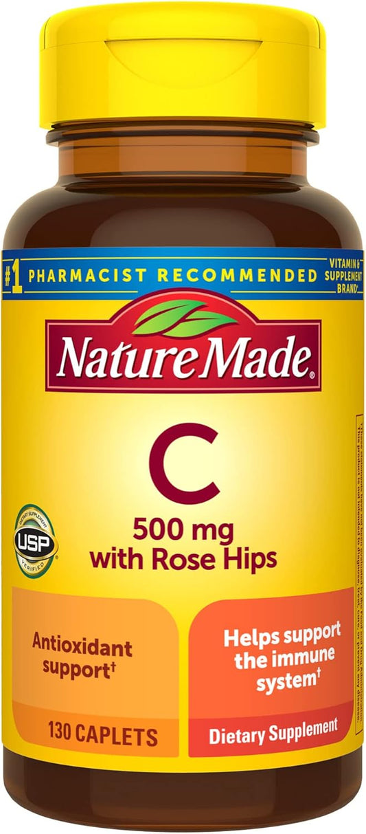 Vitamin C 500 Mg with Rose Hips, Dietary Supplement for Immune Support, 130 Caplets, 130 Day Supply