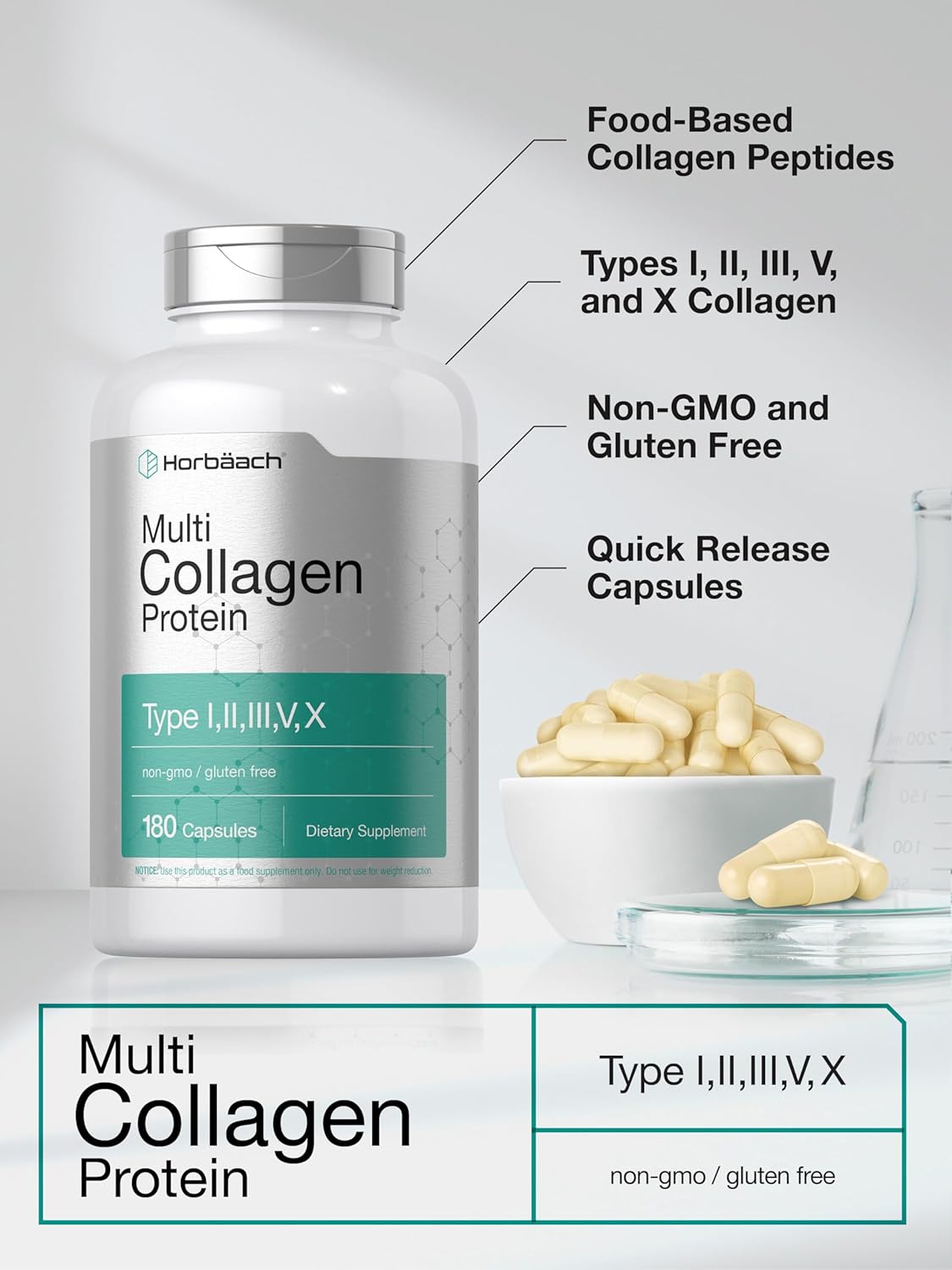 Multi Collagen Protein 2000 Mg | 180 Capsules | Hydrolyzed Collagen Type I, II, III, V, X | Keto & Paleo Friendly, Non-Gmo, Gluten Free Supplement