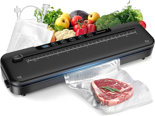 Vacuum Sealer Machine for Food Preservation, 6-In-1 Food Sealer for Freshness Storage, 75Kpa Compact Vacuum Sealing Machine with External Sliding Blade, Digital Countdown Timer Black