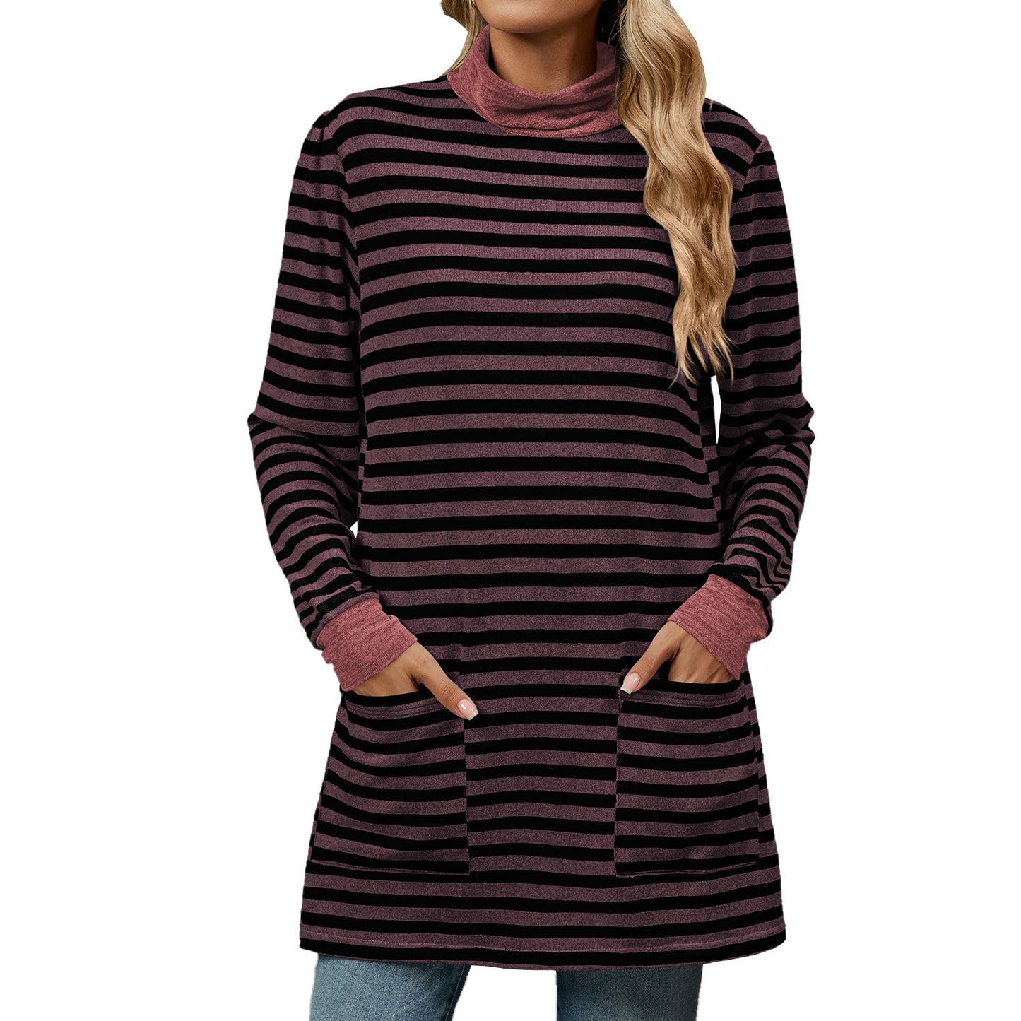 Women's Fashion Striped Long Sleeve Sweatshirt – Loose Pullover with Pocket