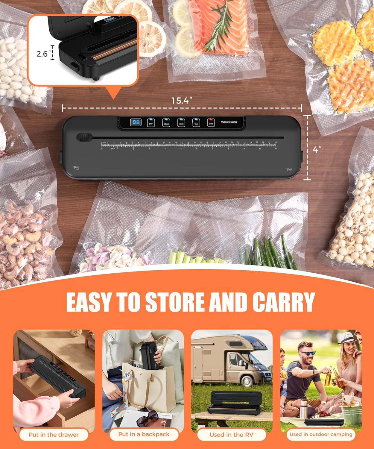 Vacuum Sealer Machine for Food Preservation, 6-In-1 Food Sealer for Freshness Storage, 75Kpa Compact Vacuum Sealing Machine with External Sliding Blade, Digital Countdown Timer Black