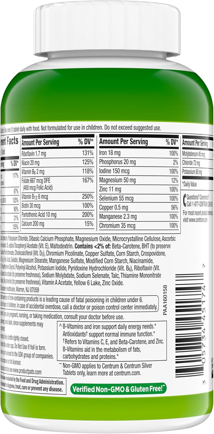 Adult Multivitamin/Multimineral Supplement with Antioxidants, Zinc, Vitamin D3 and B Vitamins, Gluten Free, Non-Gmo Ingredients - 200 Count