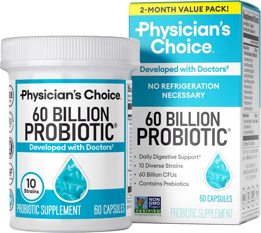Probiotics 60 Billion CFU - 10 Strains + Organic Prebiotics - Immune, Digestive & Gut Health - Supports Occasional Constipation, Diarrhea, Gas & Bloating - for Women & Men - 60Ct