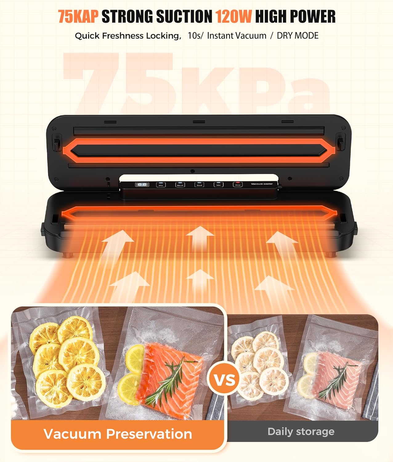 Vacuum Sealer Machine for Food Preservation, 6-In-1 Food Sealer for Freshness Storage, 75Kpa Compact Vacuum Sealing Machine with External Sliding Blade, Digital Countdown Timer Black