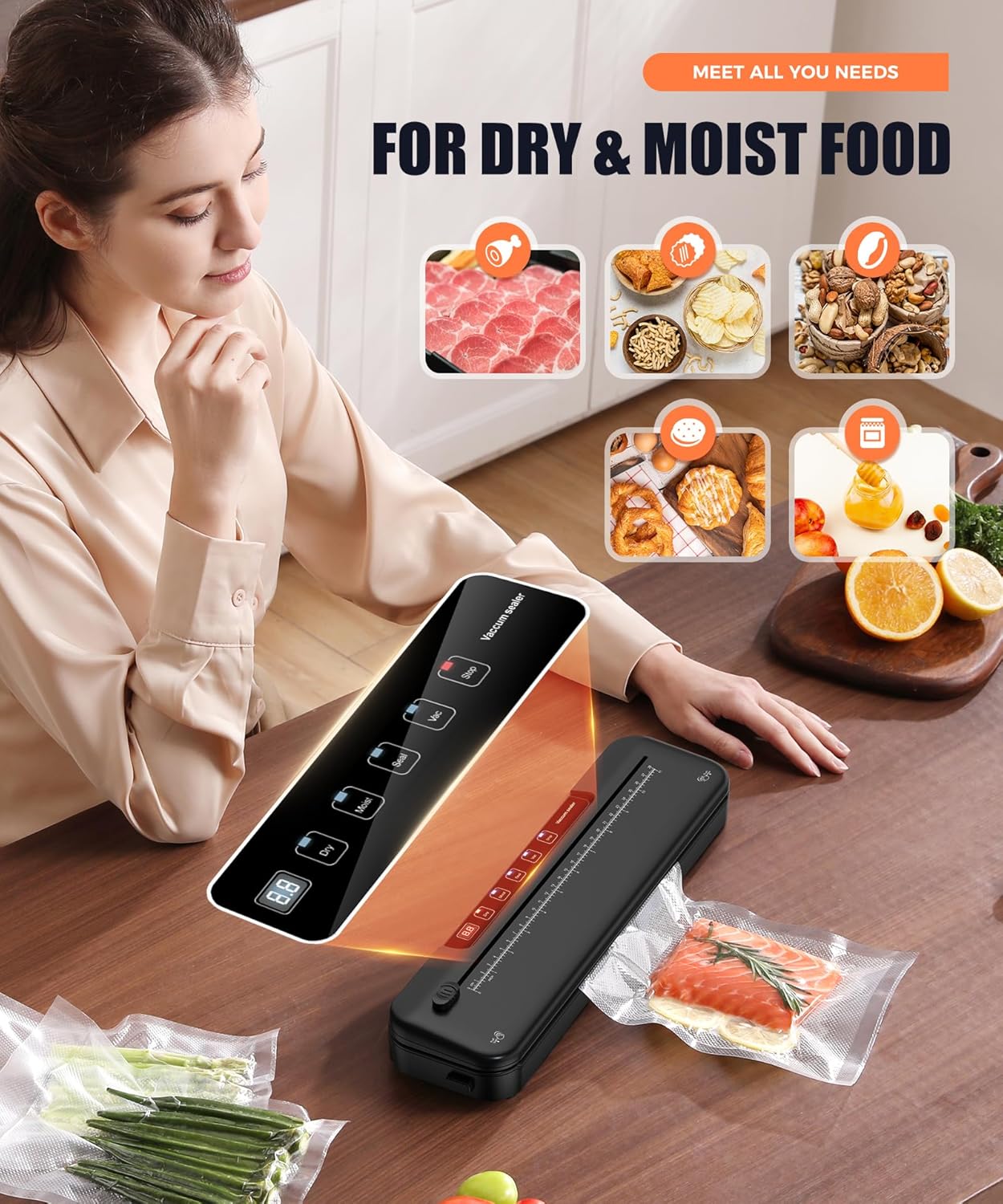Vacuum Sealer Machine for Food Preservation, 6-In-1 Food Sealer for Freshness Storage, 75Kpa Compact Vacuum Sealing Machine with External Sliding Blade, Digital Countdown Timer Black