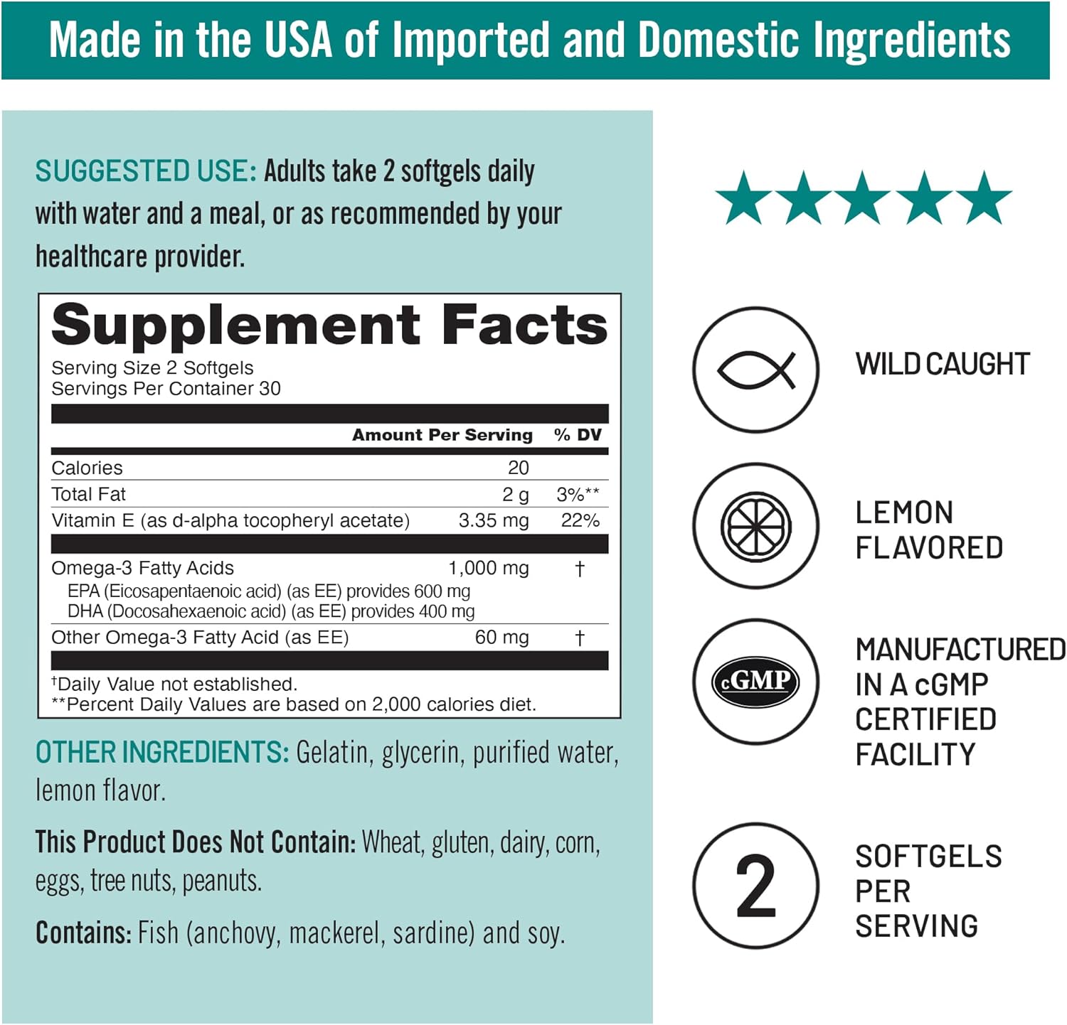 Extra-Strength Omega 3 Fish Oil Supplement - 1000Mg per Serving - 600 EPA & 400 DHA and Vitamin E - Support for Heart & Brain Health - Lemon Flavor, Gmo-Free - 60 Softgels[1-Month Supply]
