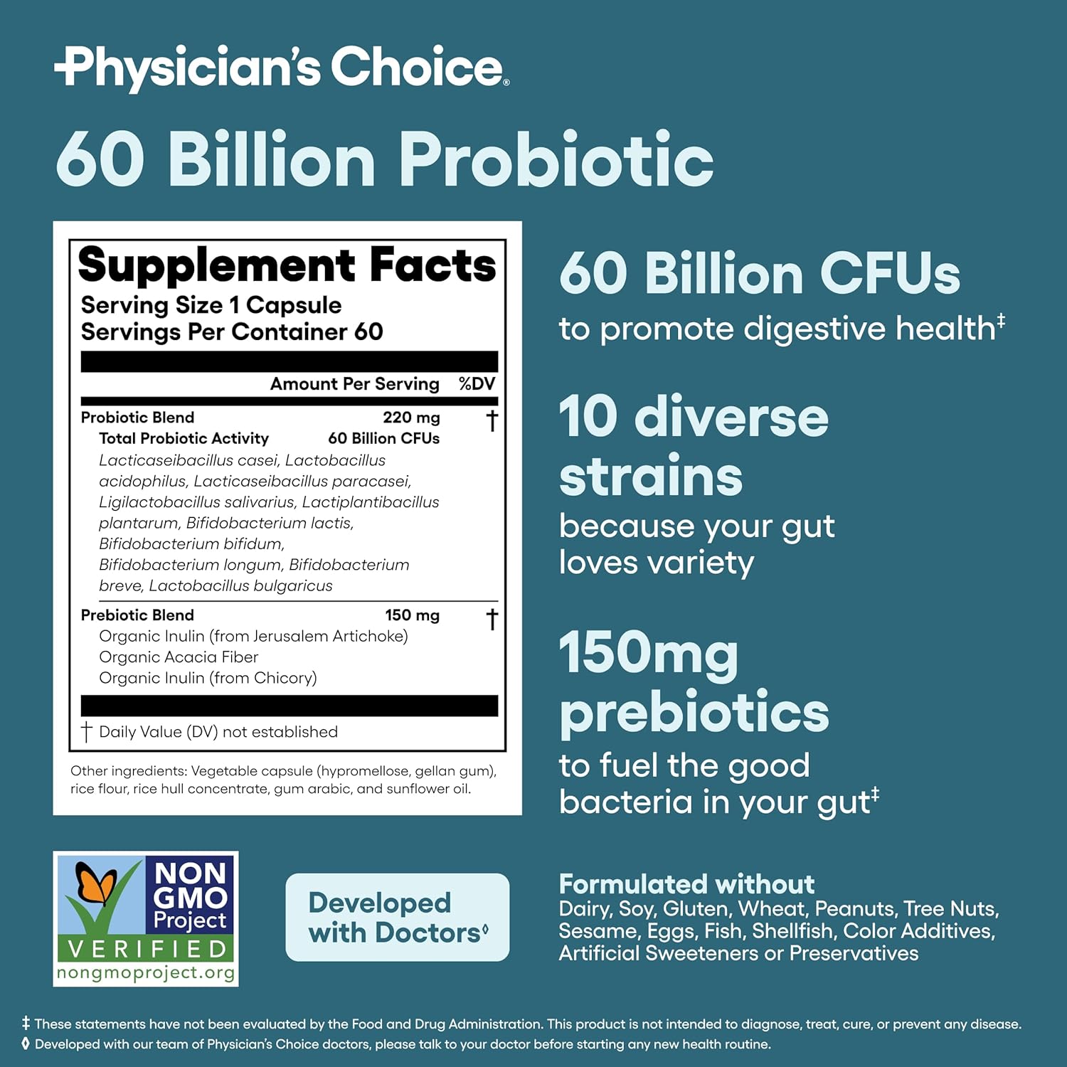 Probiotics 60 Billion CFU - 10 Strains + Organic Prebiotics - Immune, Digestive & Gut Health - Supports Occasional Constipation, Diarrhea, Gas & Bloating - for Women & Men - 60Ct
