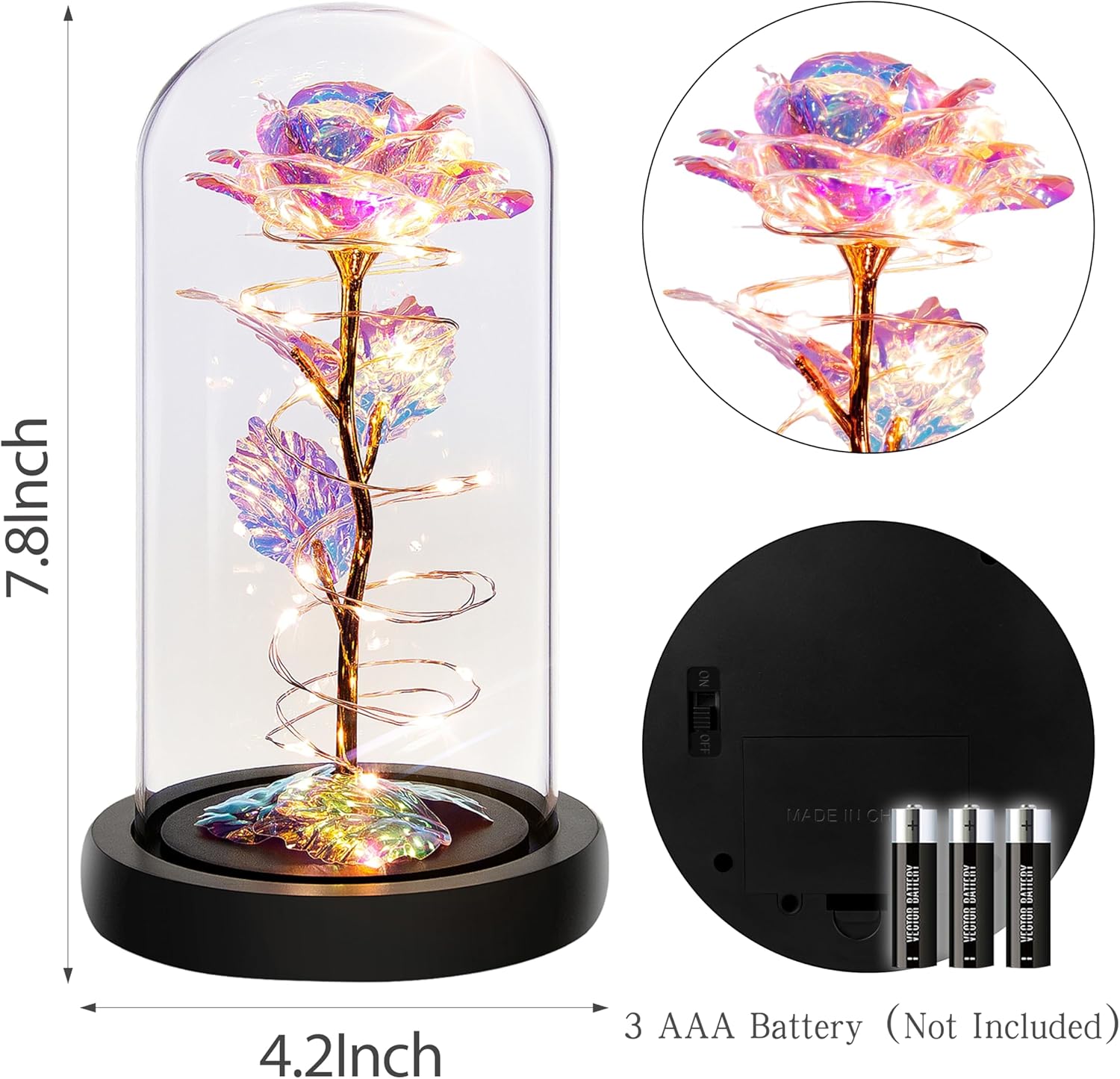 Birthday Gifts for Women,Flowers for Delivery Prime,Colorful Rainbow Light up Rose in a Glass Dome,Christmas Rose Gifts for Her Mom Women Wife Girl Grandma on Christmas Anniversary Valentines
