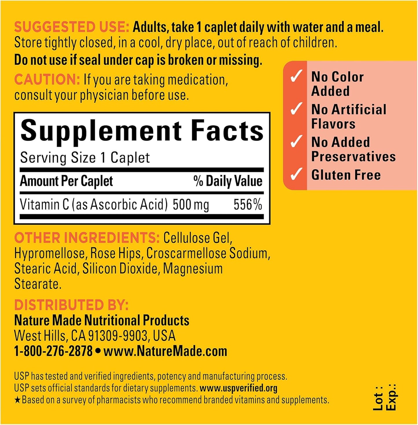 Vitamin C 500 Mg with Rose Hips, Dietary Supplement for Immune Support, 130 Caplets, 130 Day Supply
