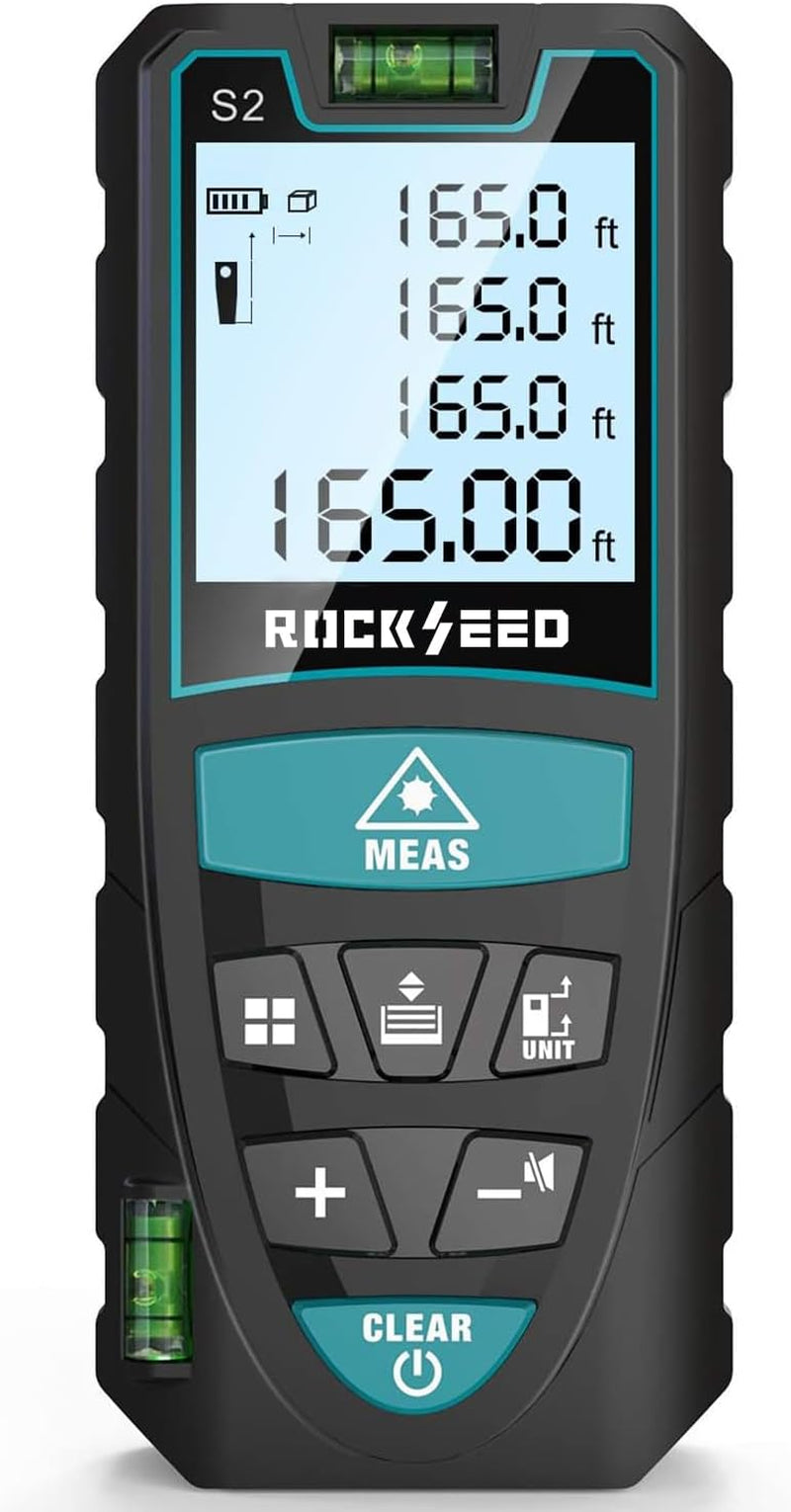 Laser Measure,  165 Feet Digital Laser Distance Meter with 2 Bubble Levels,M/In/Ft Unit Switching Backlit LCD and Pythagorean Mode, Measure Distance, Area and Volume (165 Feet)