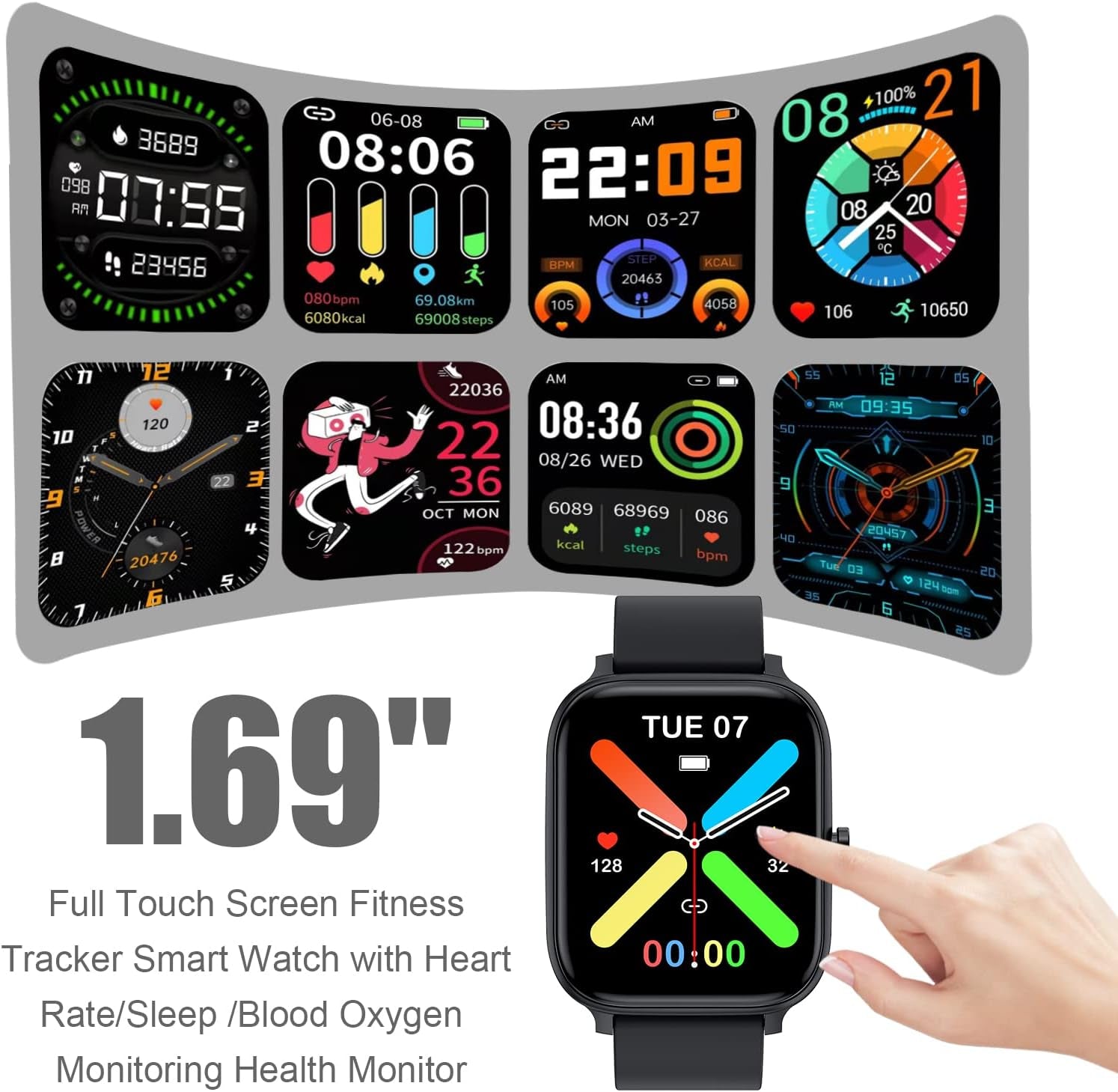 Smart Watch for Men Women Compatible with Iphone Samsung Android Phone 1.69 Inch Full Touch Screen IP68 Waterproof Bluetooh Fitness Tracker Heart Rate / Sleep Monitor, Black