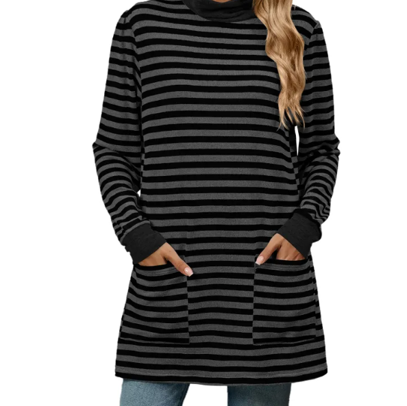 Women's Fashion Striped Long Sleeve Sweatshirt – Loose Pullover with Pocket