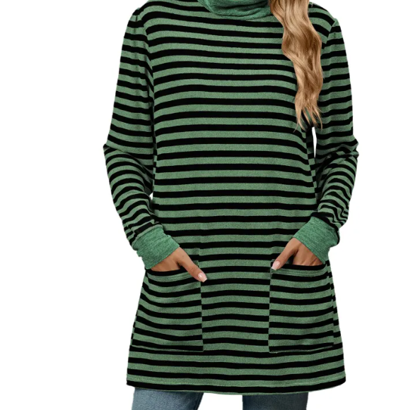 Women's Fashion Striped Long Sleeve Sweatshirt – Loose Pullover with Pocket