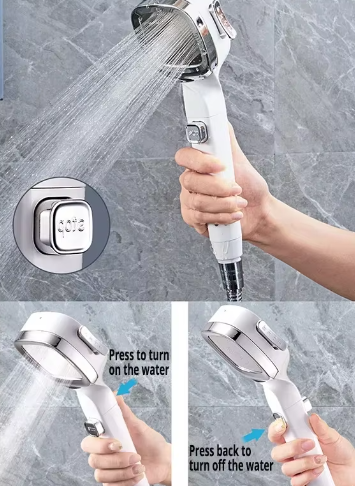 Handheld Square Shower Head - 3-Speed Filtered High-Pressure Nozzle