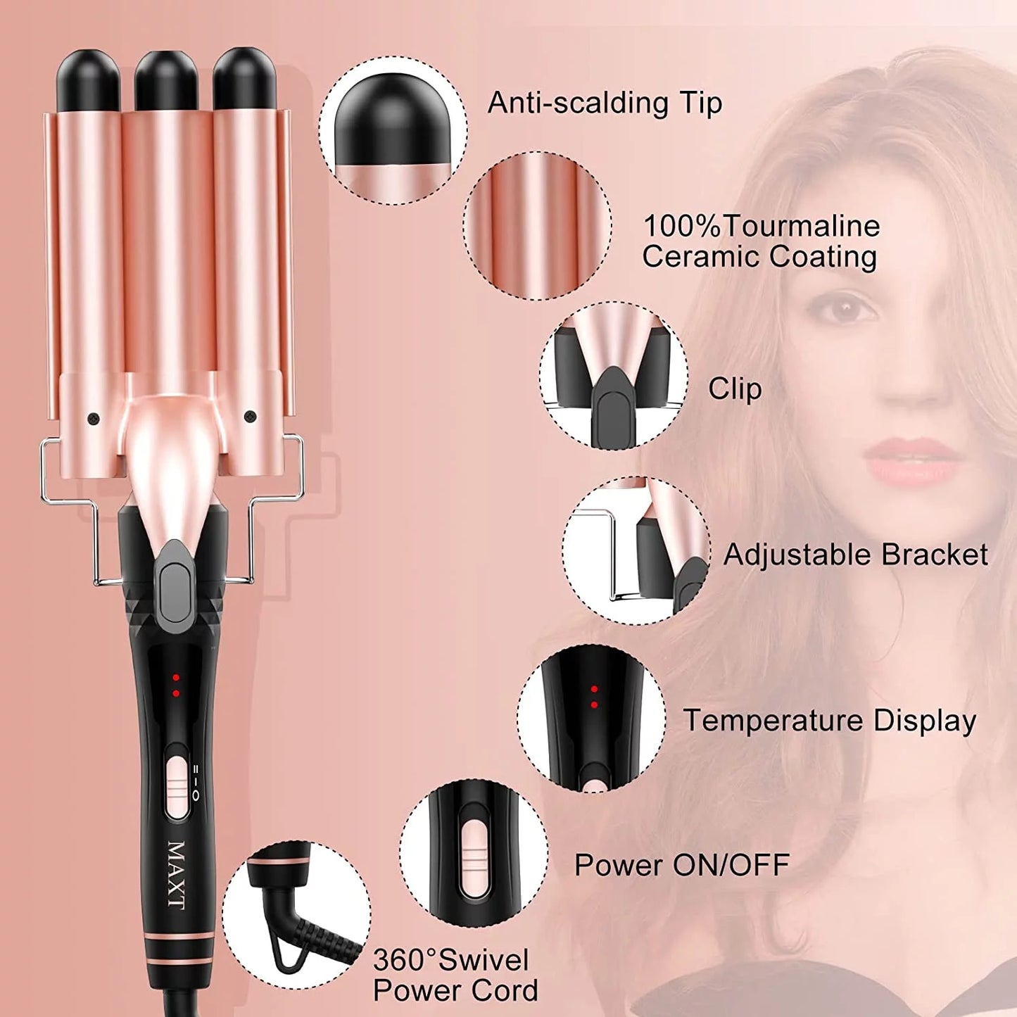 Curling Iron Set,  5 in 1 Curling Wand Set Interchangeable Triple Barrel Curling Iron and Curling Brush Ceramic Barrel Wand Curling Iron(0.35-1.25)