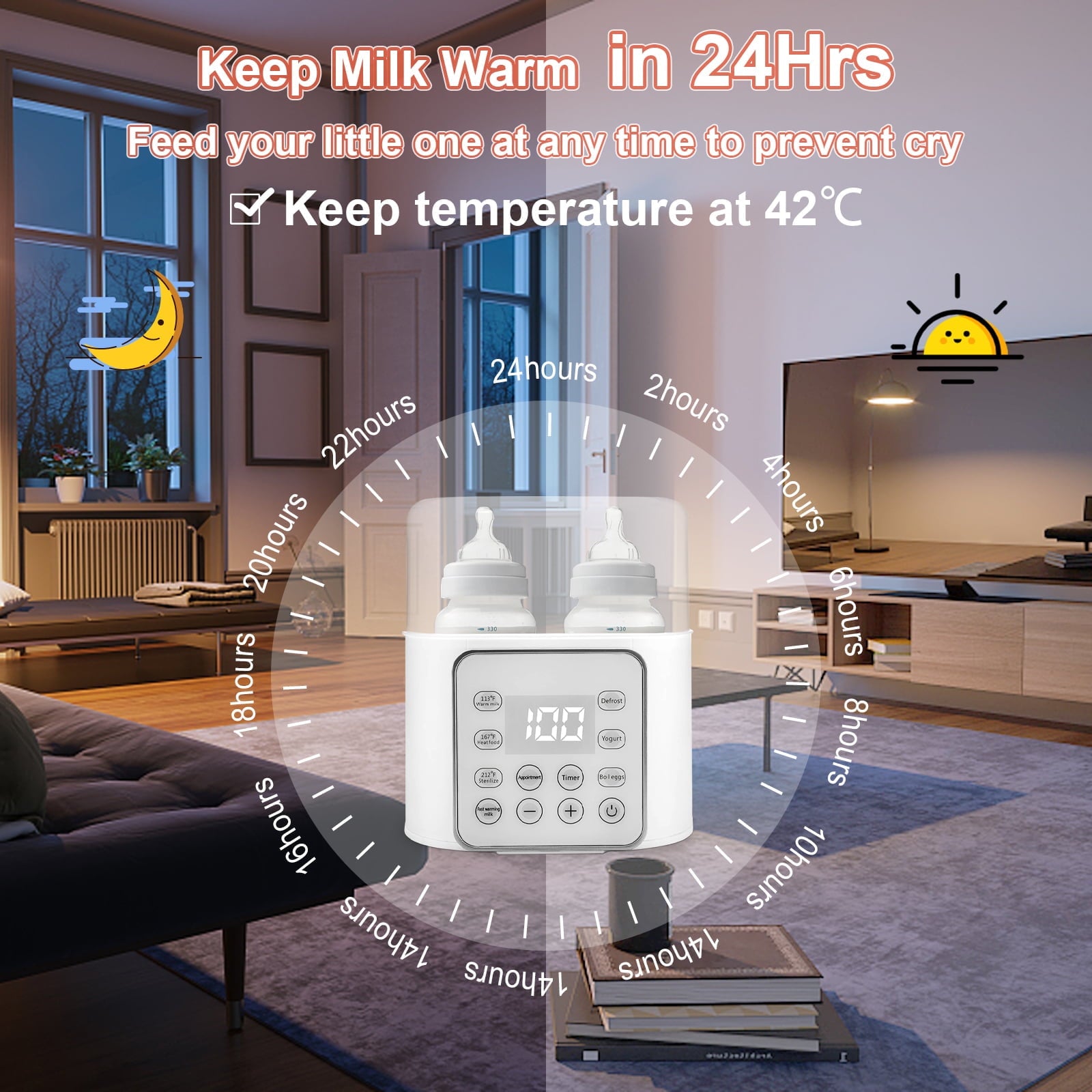 Baby , 9-In-1 Portable  with LCD Display, Double Bottles Fast Milk Warmer, White