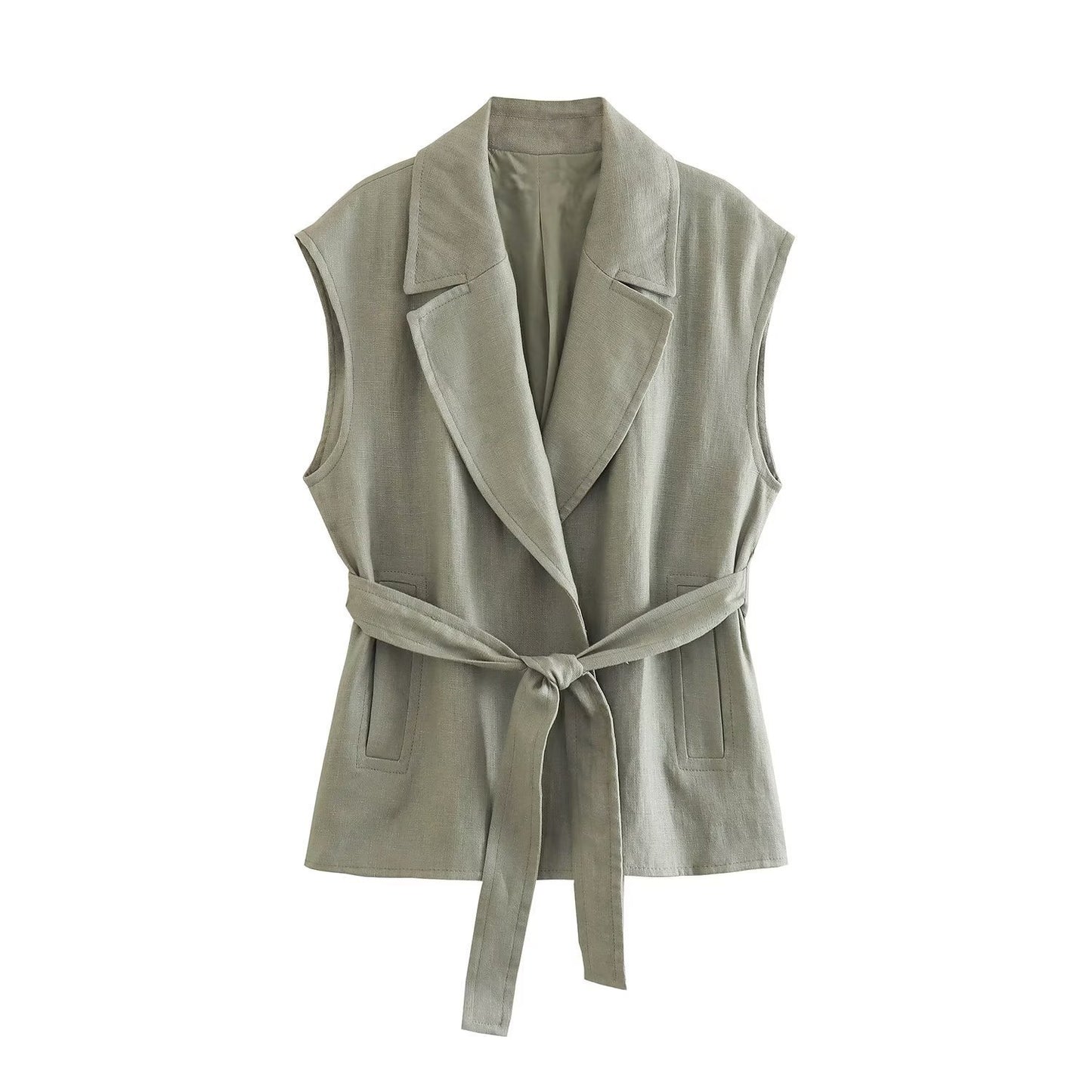 Women's Linen Vest Suit with Belt – Stylish Casual Outfit