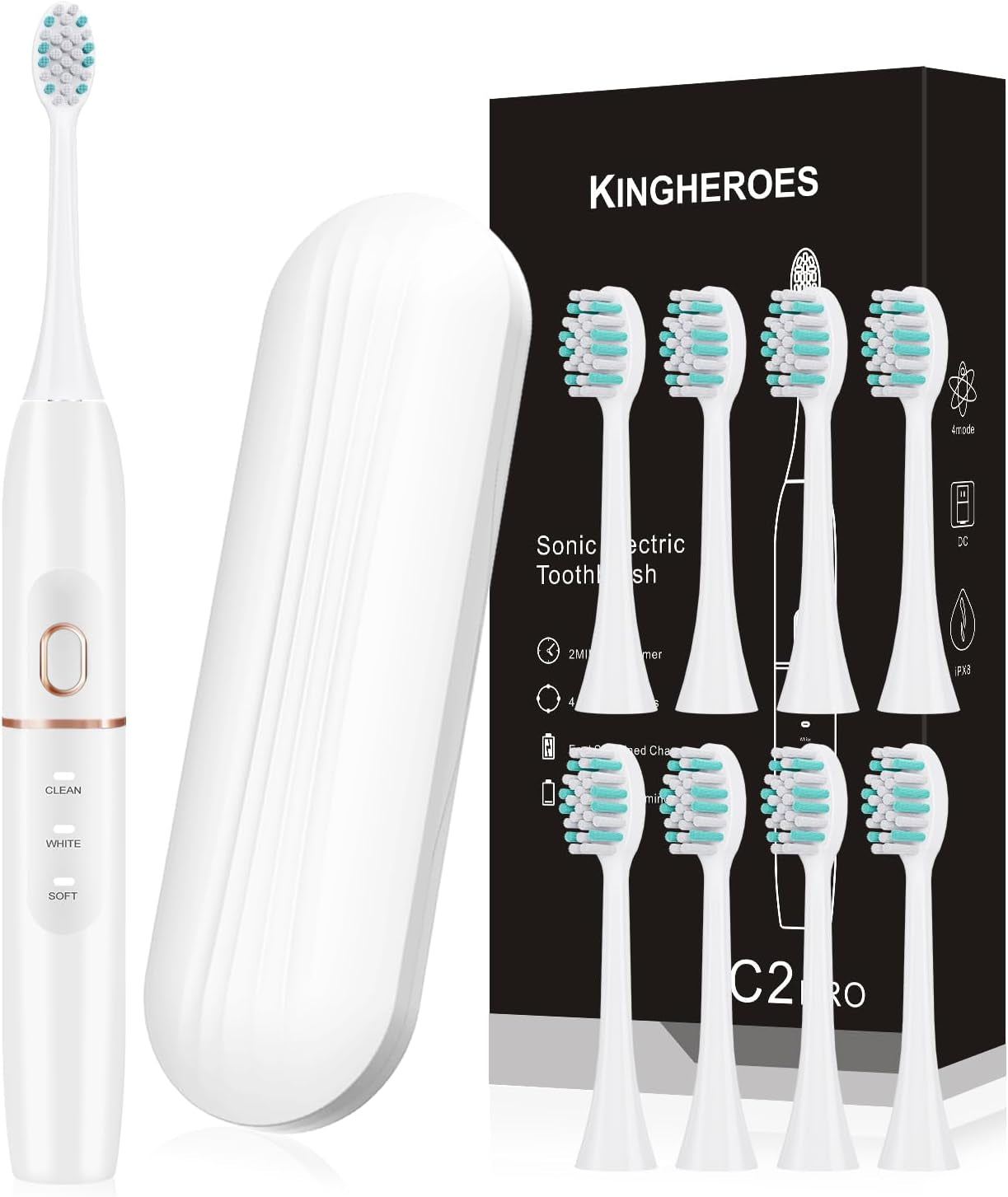 Electric Toothbrush Set, Comes with 8 Brush Heads & Travel Case,4 Modes with 2 Minutes Built in Smart Timer, One Charge for 60 Days, 42000 VPM Motor (White)