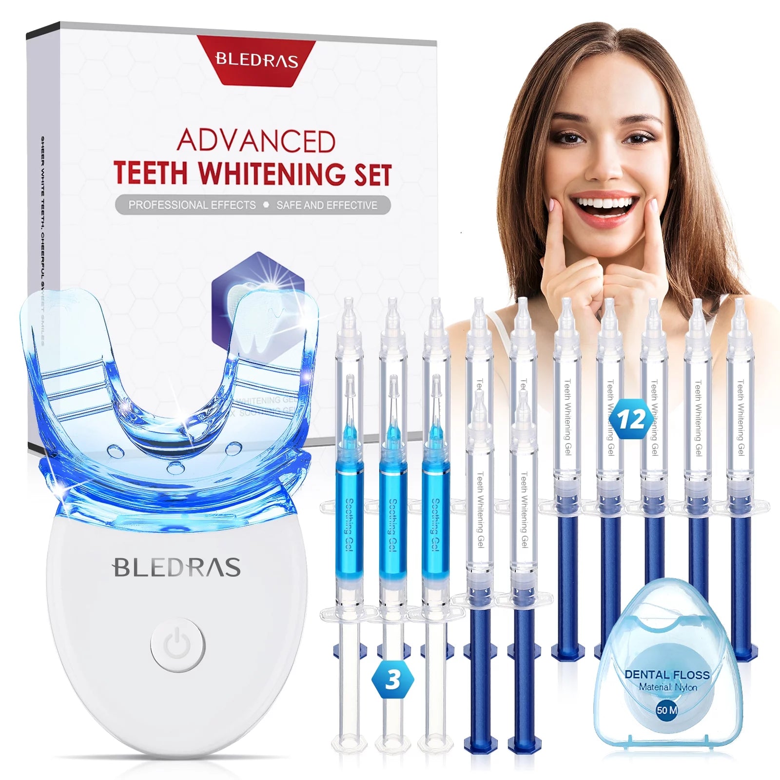 Teeth Whitening Kit with Blue Light, Professional Teeth Whitener with 12 Whitening Gel, 3 Soothing Gel, Mouth Tray, 15 Minutes Effective Home Tooth Whitening