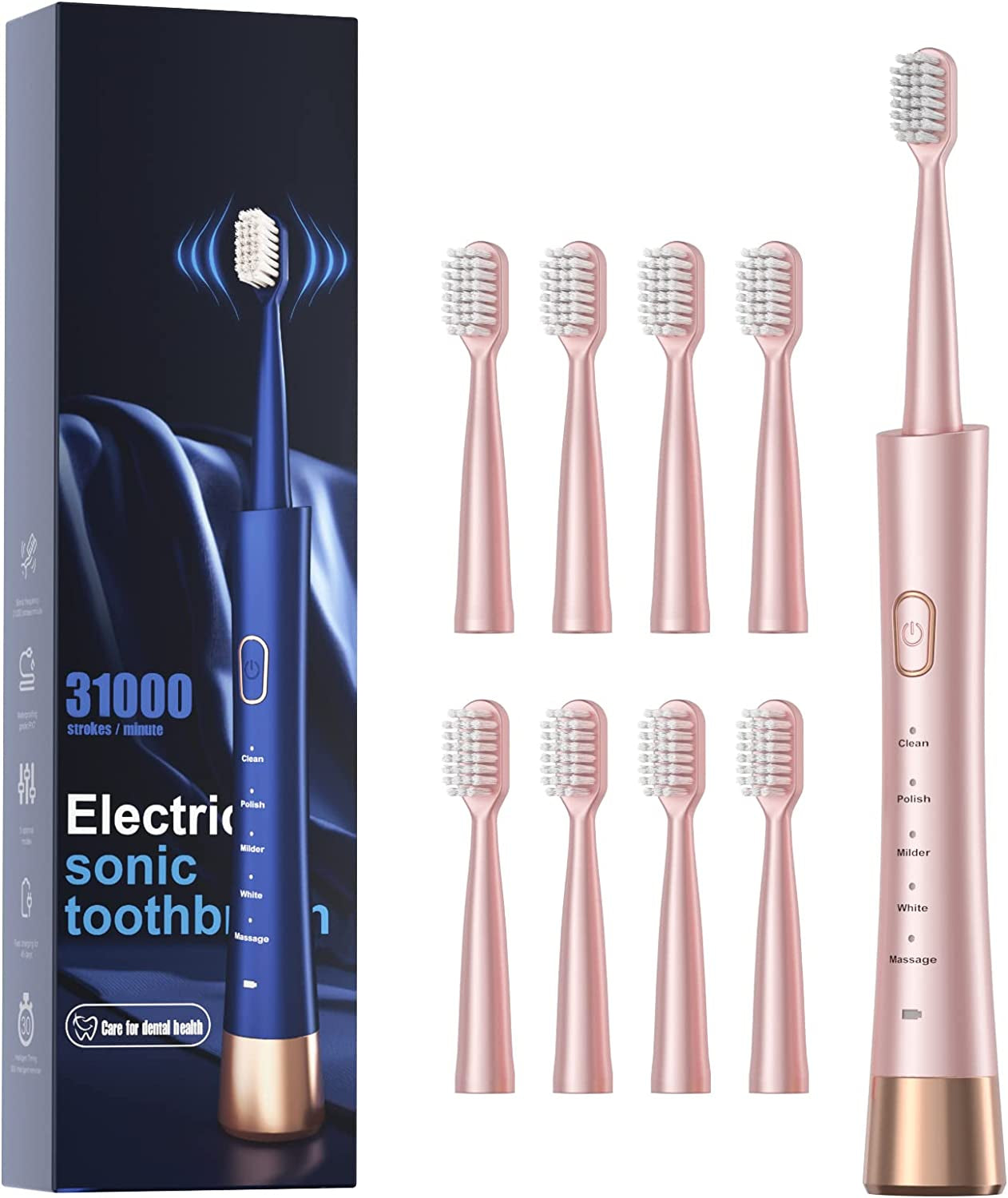 Sonic Electric Toothbrush for Adults, USB Rechargeable Sonic Toothbrush with 8 Brush Heads, Smart Timer, 5 Modes, 2-Hour Fast Charge Last 30 Days, Pink