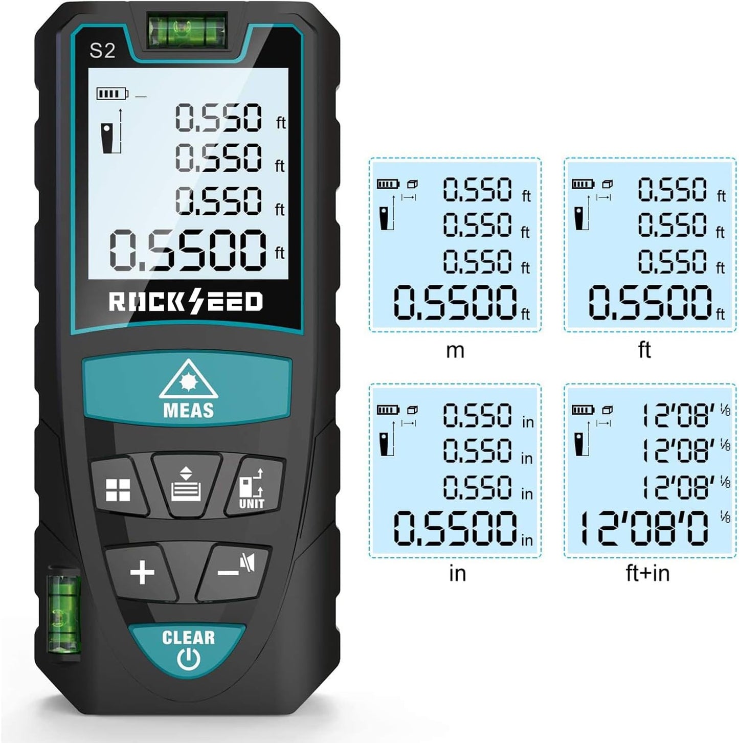 Laser Measure,  165 Feet Digital Laser Distance Meter with 2 Bubble Levels,M/In/Ft Unit Switching Backlit LCD and Pythagorean Mode, Measure Distance, Area and Volume (165 Feet)