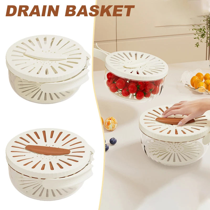 Fruit Drain Basket with Lid - Foldable Handle Vegetable Washing Bowl & Colander