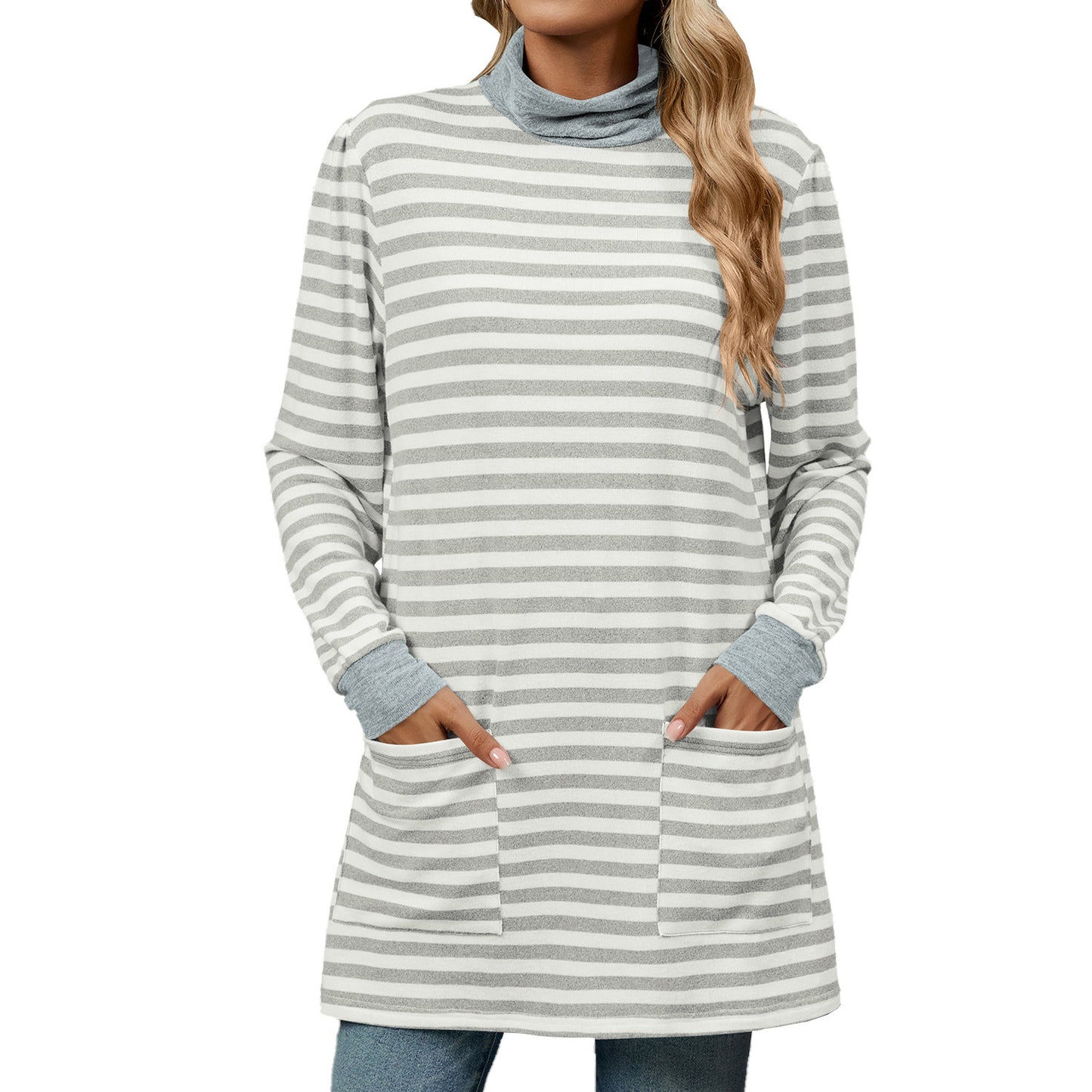 Women's Fashion Striped Long Sleeve Sweatshirt – Loose Pullover with Pocket