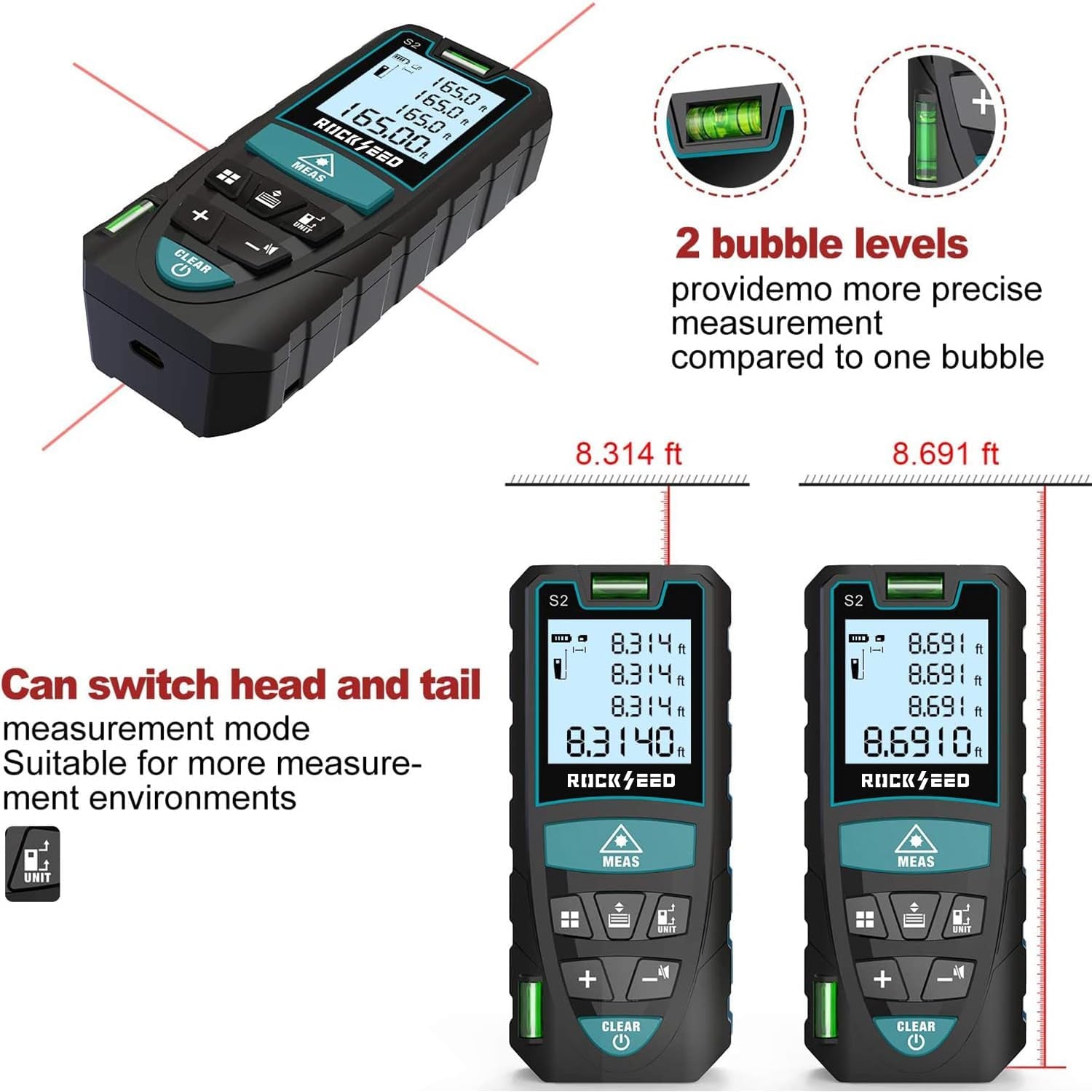 Laser Measure,  165 Feet Digital Laser Distance Meter with 2 Bubble Levels,M/In/Ft Unit Switching Backlit LCD and Pythagorean Mode, Measure Distance, Area and Volume (165 Feet)