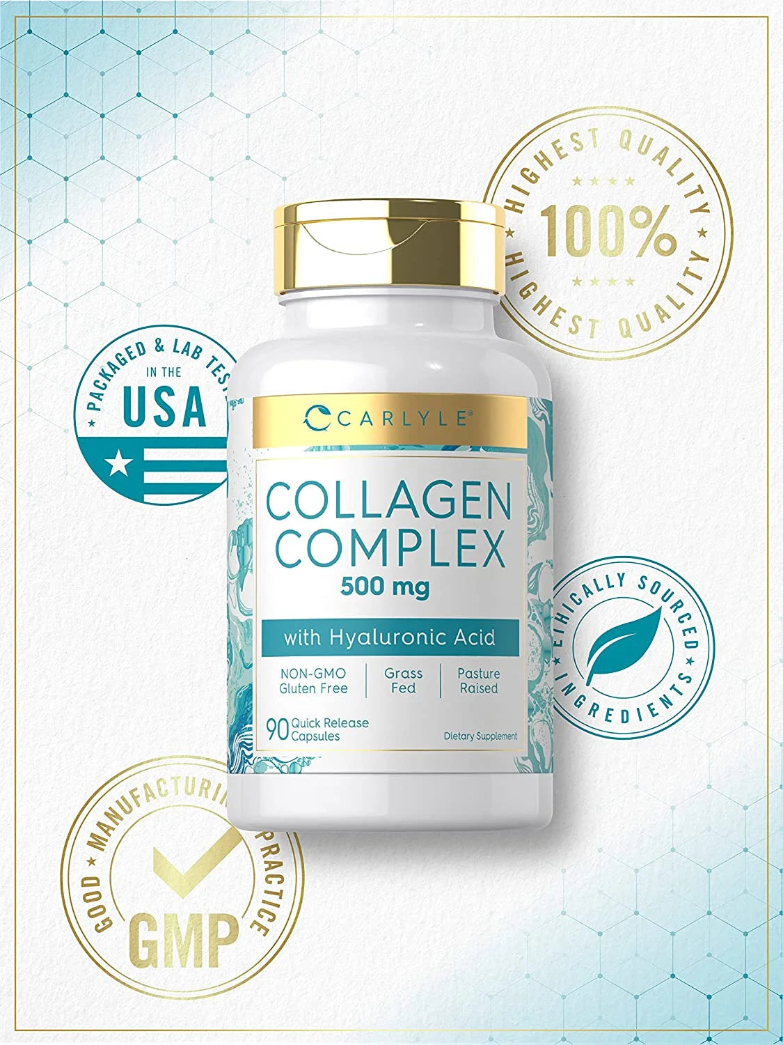 Collagen with Hyaluronic Acid 500Mg | 90 Capsules | Hydrolyzed Collagen Supplement | Non-Gmo, Gluten Free | by